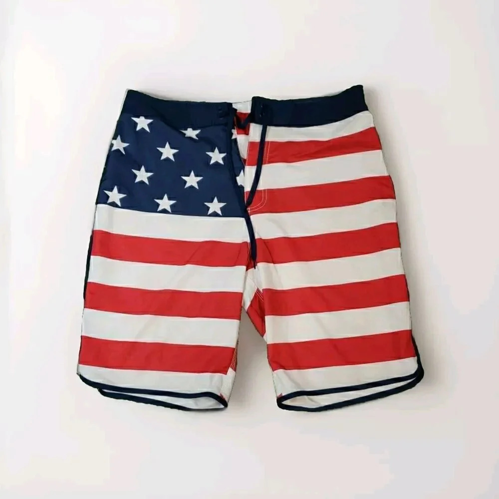 Old Navy Board Shorts 36 Blue Red Men American Flag Stars Swimwear Used 4578